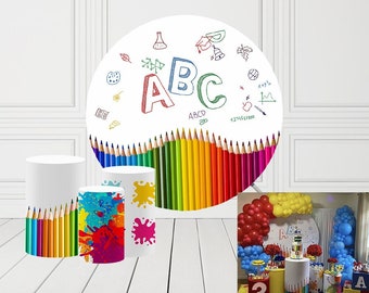 Round Backdrop Stand Covers School Pencils ABC Graduation Party Pedestal Cylinder Stretchy Cover for Baby Shower Banquets Parties Props