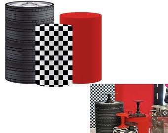 Cylinder Fabric Covers for Boys Racing Car Birthday Party Checkerboard Pedestal Stand Covers Baby Shower Festa Parties Tablecloth Decors