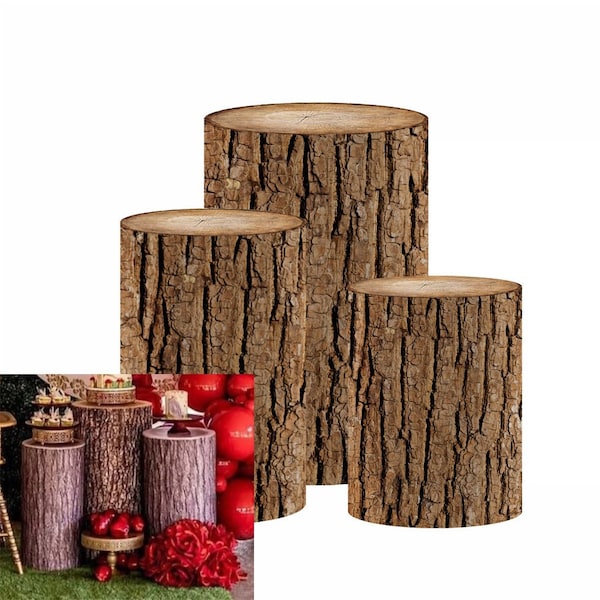 Old Wood Stakes Cylinder Plinth Covers pour Jungle Forest Animals Parties, Pedestal Cover Baby Shower Birthday Party Gâteau Décorations de table