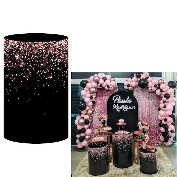 Cylinder Cover,Plinth Cover Elastic Band,Pink Black Glitter Sparkling Pedestal Covers,Wedding Baby Shower Girls Birthday Cake Table Banner