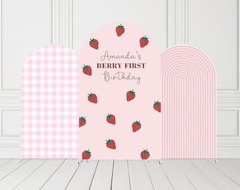 Couvertures de toile de fond personnalisées Berry First Arch pour fête d'anniversaire aux fraises roses Couverture arquée Chiara pour filles, décorations de fêtes de baby shower