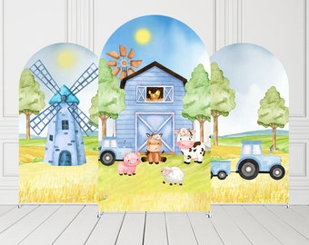 Blue Barn Farm Arch Backdrop Covers for Cows Animals Birthday Party 2-sided Arches Fabric Cover Baby Shower Festa Parties Decorations Props