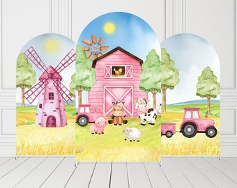 Pink Barn Farm Arch Backdrop Covers for Cows Animals Birthday Party 2-sided Arches Fabric Cover Baby Shower Festa Parties Decorations Props