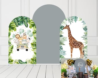 Toile de fond arche pour animaux de la jungle, girafe, fête d'anniversaire, arche, tissu extensible, baby shower, décorations de fêtes