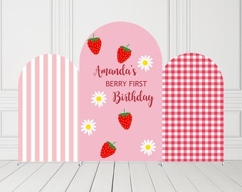Couvertures de toile de fond personnalisées Berry First Arch pour fête d'anniversaire aux fraises roses Couverture arquée Chiara pour filles, décorations de fêtes de baby shower