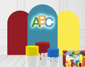 Couvertures de toile de fond d'arc jaune rouge pour les piliers de cylindre de piédestal de fête d'anniversaire couverture de douche de bébé école ABC fêtes décorations de nappe