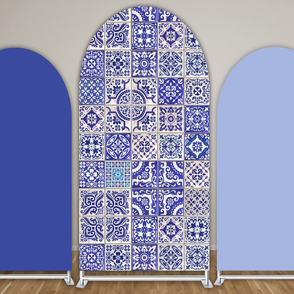 Double Sided Arch Fabric Backdrop Covers,Positano Tile Theme Blue White Patchwork Arched Stand Covers for Porcelain Birthday Party Decor