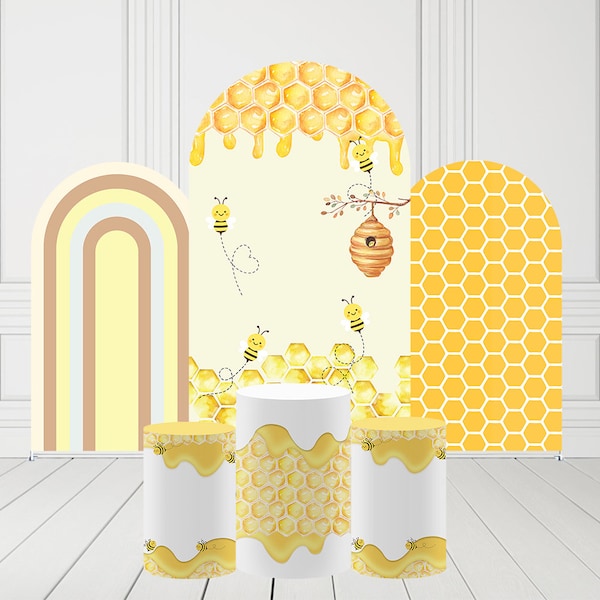 Arch Backdrop Covers Sweet Bee Days Birthday Party Pedestal Cylinder Fabric Cover Rainbows Honeycomb Festa Parties Baby Shower Decorations