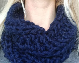 Chunky Blue Cowl Neck Warmer, Navy Crochet Cowl, Unisex Walking Accesory, Circular Scarf, Winter Knitwear