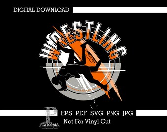 Wrestling tee design in orange for black, digital download, eps, pdf, svg, jpg, png, clip art, vector, sublimation, screen printing, dtf