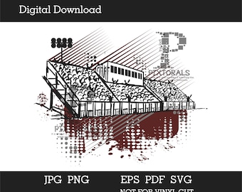 May include: Black and white illustration of a stadium with a crowd of people in the stands. The stadium is set against a red and white background with a grunge effect. The text "Digital Download" appears at the top of the image. The text "JPG PNG EPS PDF SVG NOT FOR VINYL CUT" appears at the bottom of the image.