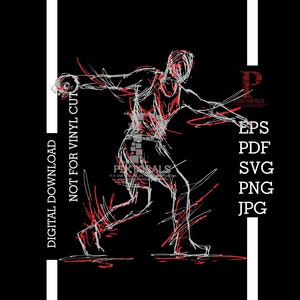 May include: A white line drawing of a discus thrower in action, with red lines and a black background. The image is a digital download, not for vinyl cutting.