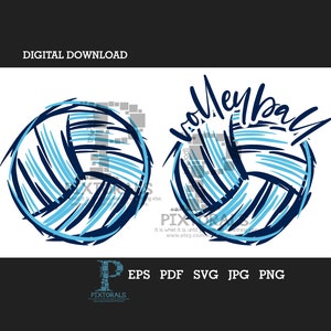 Op de afbeelding: Twee blauwe en witte volleybalontwerpen. Een ontwerp is een volleybal met het woord "Volleyball" erboven geschreven. Het andere ontwerp is een volleybal op zichzelf.
