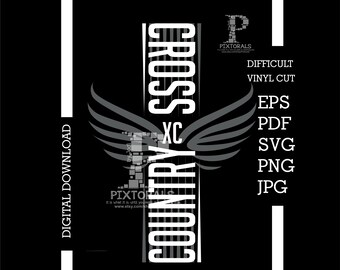 May include: Black and white graphic design with the text "COUNTRY CROSS XC" and a pair of wings. The text "DIFFICULT VINYL CUT" is below the graphic. The text "EPS, PDF, SVG, PNG, JPG" is below the text "DIFFICULT VINYL CUT".