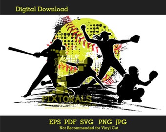 Softball design, softball players, Softball logo,  Digital Download, eps, pdf, svg, jpg, png, Sports, Softball Clipart, Screen Printing
