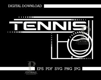 Op de afbeelding: Een digitale download van een wit grafisch ontwerp met het woord "TENNIS" in een vet, futuristisch lettertype. Een tennisbal bevindt zich binnen een witte omtrek van een tennisbaan.