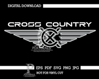May include: A black and white graphic design of a winged logo with the text "CROSS COUNTRY" above it. The logo features a stylized "C" with an "X" inside it. The text "EPS PDF SVG PNG JPG NOT FOR VINYL CUT" is below the logo.
