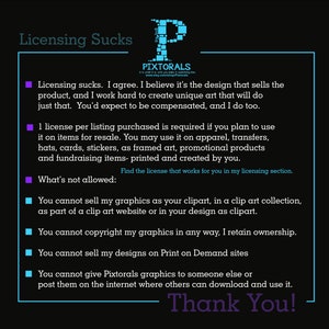 May include: A black and white text graphic with a purple square in the upper left corner. The text reads "Licensing Sucks" in a large font at the top. The text continues with a list of licensing terms and conditions for using digital art. The text ends with "Thank You!" in a large font.