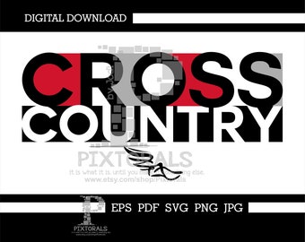 May include: Black and red graphic design with the text "CROSS COUNTRY" in bold white letters. A stylized running shoe with wings is below the text. The text "PIXTALS" is below the shoe. The text "EPS PDF SVG PNG JPG" is below the shoe.