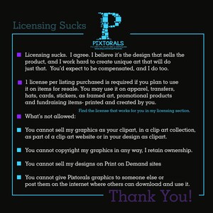 Puede incluir: Un gr&aacute;fico de texto en blanco y negro con un cuadrado morado en la esquina superior izquierda. El texto dice "Licensing Sucks" en una fuente grande en la parte superior. El texto contin&uacute;a con una lista de t&eacute;rminos y condiciones de licencia para usar arte digital. El texto termina con "Thank You!" en una fuente grande.