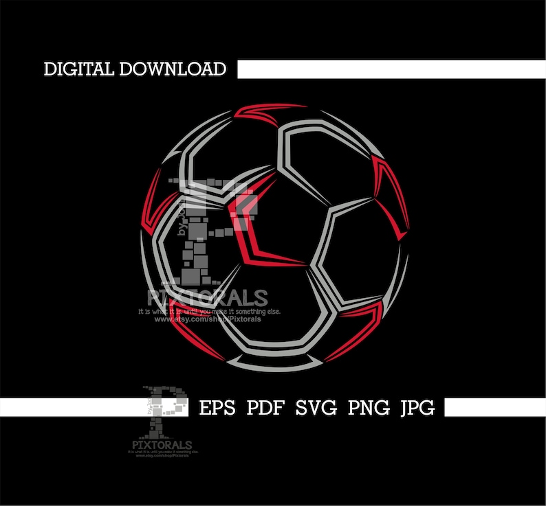 May include: A digital download graphic of a football with a black background. The football is black with white and red accents. The text "DIGITAL DOWNLOAD" is at the top. Below the ball are the file types: EPS PDF SVG PNG JPG.