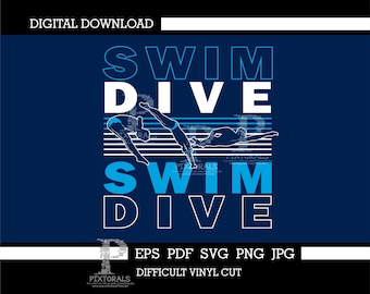 Può includere: Un design grafico blu e bianco con il testo "Swim Dive" ripetuto due volte. La grafica presenta silhouette di nuotatori che si tuffano in una piscina.