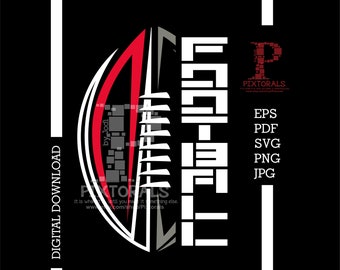 May include: A digital download of a black and white football graphic with the word "FOOTBALL" written vertically in white letters. The graphic is set against a black background with a red and white stripe on the left side.