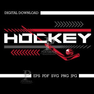 Peut inclure: Graphique numérique téléchargeable avec le mot "HOCKEY" en lettres majuscules blanches. Le design comprend des formes géométriques rouges et grises, une crosse de hockey et une rondelle. Le fond est noir.