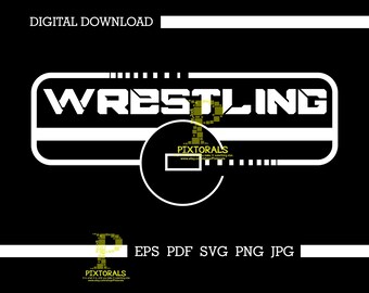 Può includere: Grafica per download digitale con la parola "WRESTLING" in bianco, in grassetto, con font sans-serif, su sfondo nero. Il design include un bordo rettangolare bianco e un elemento circolare. I formati di file sono EPS, PDF, SVG, PNG e JPG.