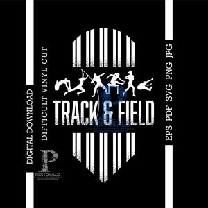 Könnte beinhalten: Schwarzweißes Grafikdesign von Leichtathleten mit dem Text "Track & Field" auf einem weißen Banner. Das Design ist vor einem schwarzen Hintergrund mit einem weißen Streifenmuster.