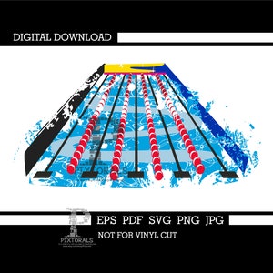 Op de afbeelding: Een digitale download van een zwembad met rode boeien en zwarte baanlijnen. Het zwembad is blauw en wit met een gele startblok. De afbeelding heeft een grunge-effect met witte en blauwe verfspatten. De tekst "EPS PDF SVG PNG JPG NOT FOR VINYL CUT" staat onderaan de afbeelding.