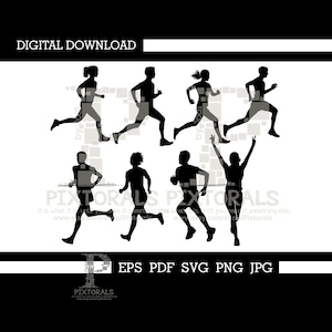May include: Silhouette of seven people running in different poses. The silhouettes are black against a white background.