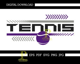 Op de afbeelding: Een digitale downloadafbeelding met het woord "TENNIS" in vette zwarte letters, een paarse tennisbal en pijlen. Het ontwerp bevat de tekst "DIGITALE DOWNLOAD" en bestandstype-opties.