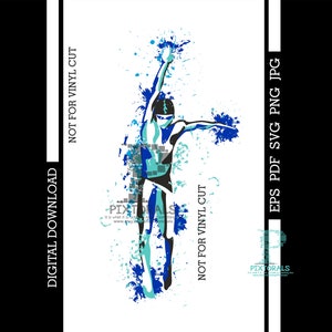 May include: A black silhouette of a swimmer diving into water, with blue and turquoise paint splatters in the background.