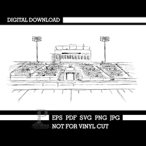 May include: A black and white sketch of a stadium with bleachers, a press box, and stadium lights. The image includes the text "DIGITAL DOWNLOAD" and file type options. The text "NOT FOR VINYL CUT" is also present.