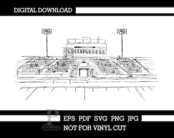 May include: A monochrome sketch of a stadium, featuring tiered seating, a press box, and floodlights. The image includes the text "DIGITAL DOWNLOAD" and file type options. The text "NOT FOR VINYL CUT" is also present.