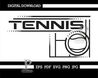 Op de afbeelding: Zwart-witte digitale download-afbeelding van een tennisracket en een bal met het woord "TENNIS" in vetgedrukte letters.