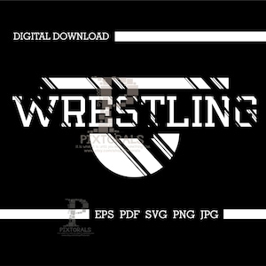 May include: Black and white graphic design with the word "WRESTLING" in bold white letters. The design features a geometric pattern with stripes and a circle.