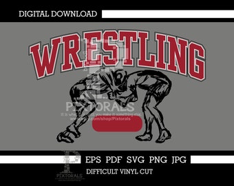 Può includere: Un download digitale di una grafica di wrestling con due lottatori in silhouette in bianco e nero. I lottatori sono in una posizione di lotta, uno sopra l'altro. La parola "WRESTLING" è in lettere rosse con un contorno bianco sopra i lottatori. Il testo "EPS PDF SVG PNG JPG DIFFICULT VINYL CUT" è sotto i lottatori.
