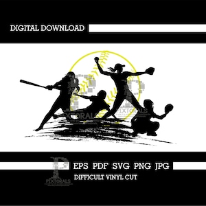 May include: Silhouette of three softball players in action. One player is pitching, another is batting, and the third is catching. A yellow softball is in the background.