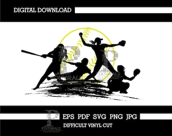 May include: Silhouette of three softball players in action. One player is pitching, another is batting, and the third is catching. A yellow softball is in the background.