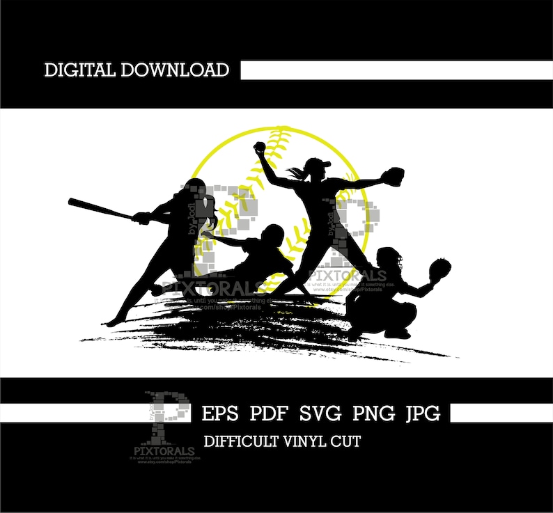 May include: Silhouette of three softball players in action. One player is pitching, another is batting, and the third is catching. A yellow softball is in the background.