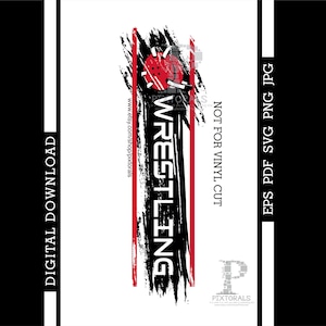 May include: Black and white graphic design with the word "WRESTLING" in white text. The graphic is on a white background with red lines on either side. The graphic includes a red circle with black lines.