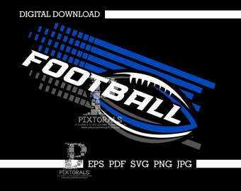May include: A digital download of a black and white football graphic with blue stripes and the word "FOOTBALL" in white letters. The graphic is on a black background.