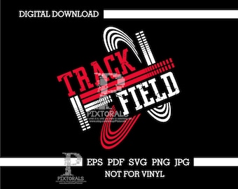 May include: A red and white graphic design with the text "TRACK FIELD" in a distressed font. The design features a stylized track and field running track.