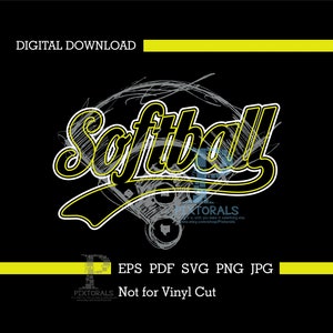 Puede incluir: Una descarga digital de un diseño gráfico amarillo y negro de la palabra "Softball" con un guante de béisbol y una pelota de béisbol en el fondo. El texto "EPS PDF SVG PNG JPG No para corte de vinilo" está debajo del gráfico.