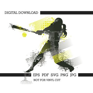 May include: Silhouette of a baseball player in a dynamic pose, swinging a bat with a yellow and gray grunge background. The text "EPS PDF SVG PNG JPG NOT FOR VINYL CUT" is at the bottom of the image.