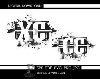 May include: Black and white graphic design of the letters "XC" and "CG" with an arrow through each. The letters are in a bold, blocky font and are surrounded by a black and white splatter pattern. The text "EPS PDF SVG PNG JPG" and "DIFFICULT VINYL CUT" is below the design.