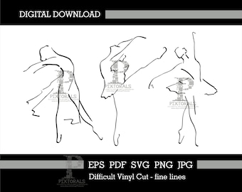 May include: Three black and white line drawings of ballerinas in various poses. The drawings are simple and elegant, with a focus on the movement of the dancers. The text "EPS PDF SVG PNG JPG Difficult Vinyl Cut - fine lines" is at the bottom of the image.