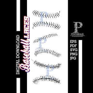 May include: Digital download graphic featuring baseball laces in a repeating pattern. The design is in black and white, with the words "Baseball Laces" in a red, white, and blue font. Includes EPS, PDF, SVG, PNG, and JPG formats.